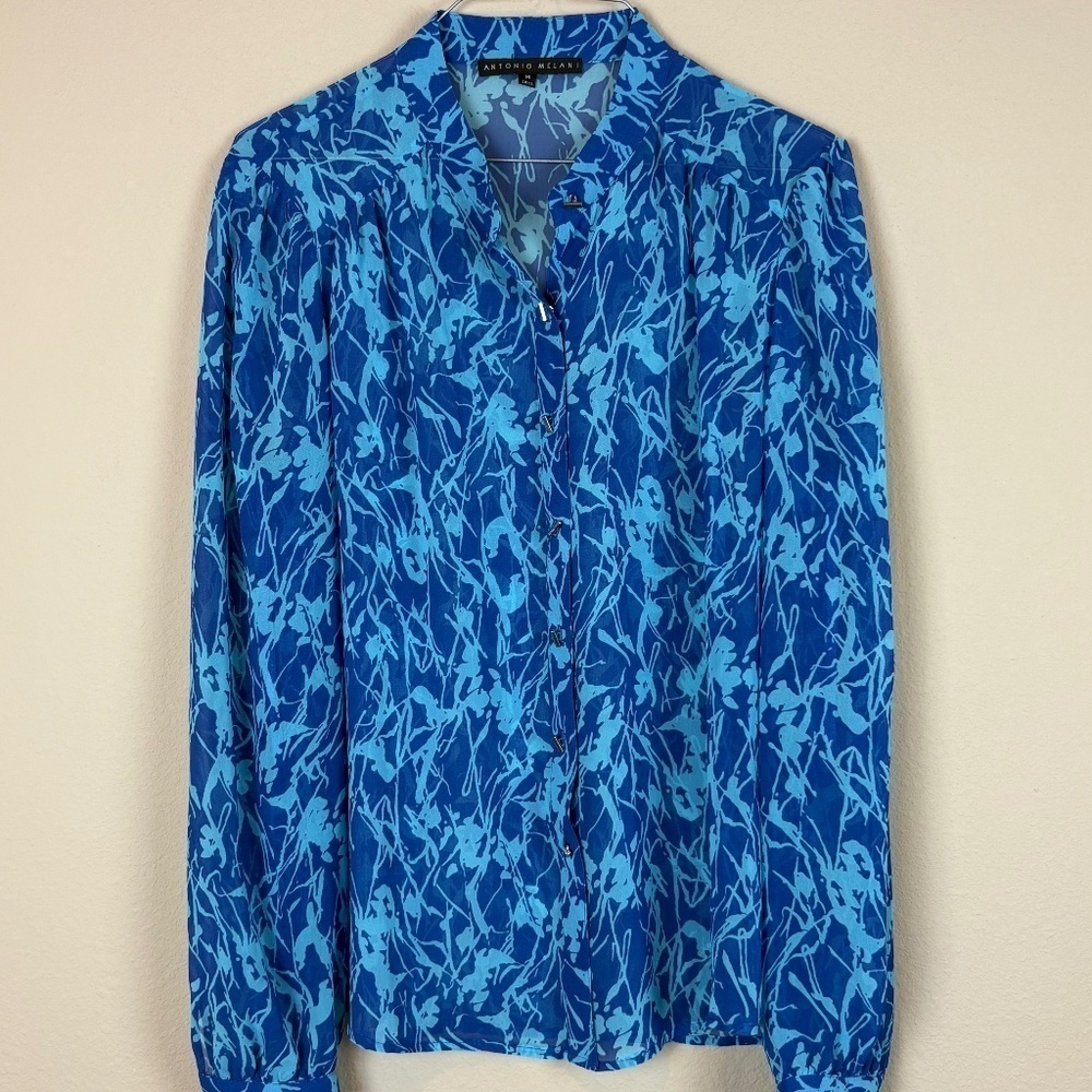 Antonio Melani Blue/Light Blue Sheer Long Sleeve Silver Button Up Blouse; Size M